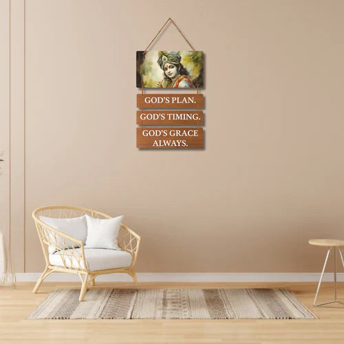 Lord Krishna Inspirational Wooden Wall Hanging – “God’s Plan, Timing & Grace”