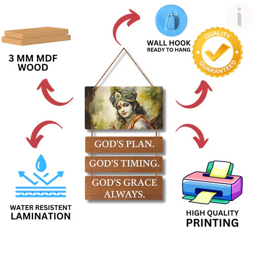 Lord Krishna Inspirational Wooden Wall Hanging – “God’s Plan, Timing & Grace”